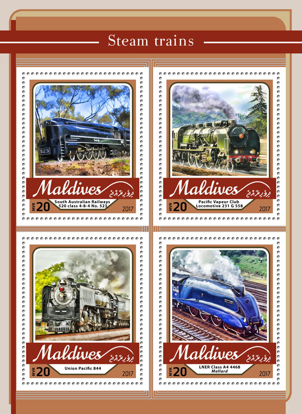 Steam trains - Issue of Maldives postage stamps
