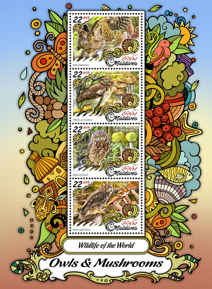 Owls & Mushrooms - Issue of Maldives postage stamps
