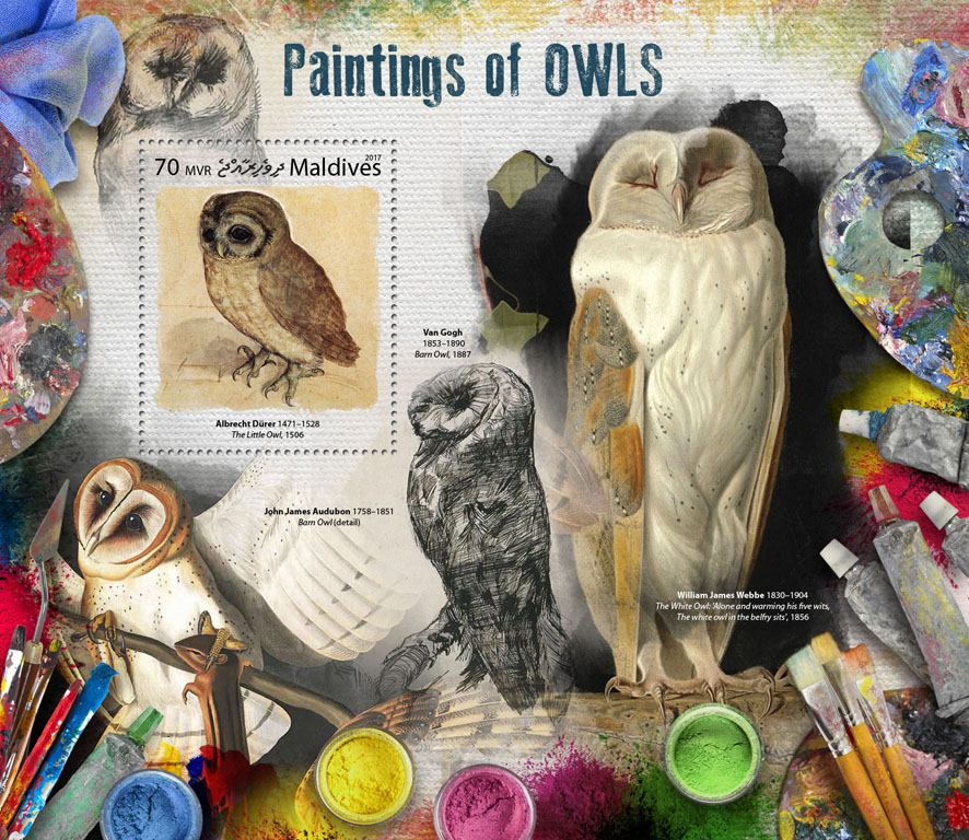 Paintings of owls - Issue of Maldives postage stamps